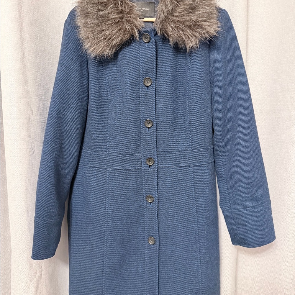 Banana Republic Blue Pea Coat with Faux Fur Collar